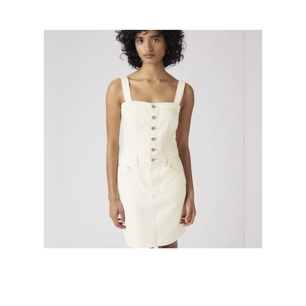 Levis Womens Denim Button Front Mini Dress Ecru Off White Large NWT
